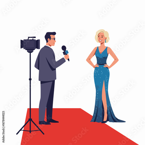 Reporter interviews a glamorous blonde celebrity in a blue gown on the red carpet, captured by a camera for media coverage.