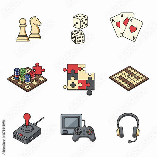 A vibrant collection of cartoon-style icons depicting various games and entertainment activities, including board games, card games, puzzles, and video gaming equipment.