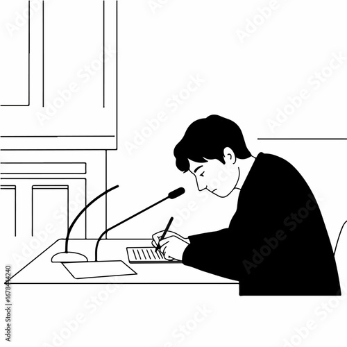 Illustration of a focused man in a robe writing notes at a desk with microphones, depicting legal, academic, or professional public speaking and recording.