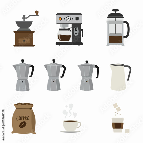 Flat design collection of coffee makers, brewing equipment, and beverages including manual grinder, Moka pots, French press, and cups.
