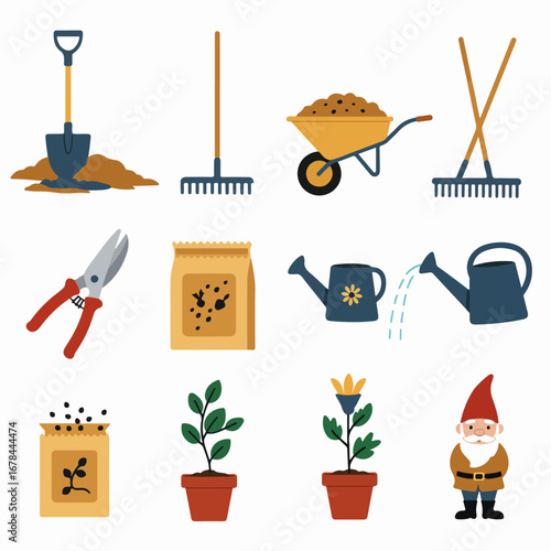 Gardening Essentials Flat Vector Illustration Set: Tools, Plants, Seeds, and a Whimsical Gnome for Your Home Garden.