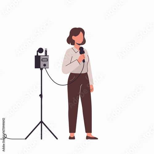 Woman speaking into microphone with recording equipment, representing a journalist, reporter, or public speaker delivering news or information.