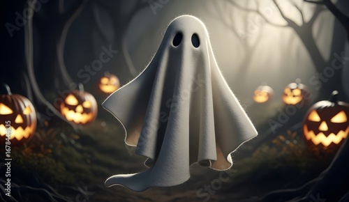halloween ghost surrounded by jack o lantern