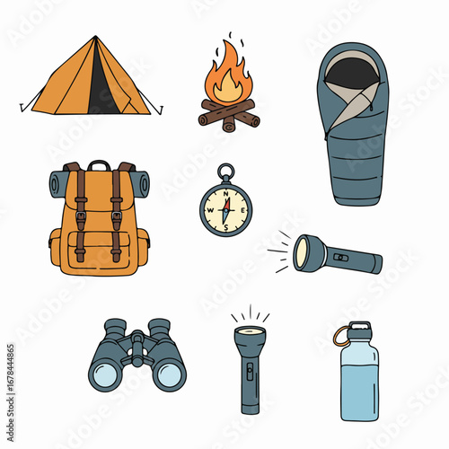A comprehensive collection of hand-drawn camping and outdoor adventure gear, featuring essential items for your next wilderness expedition or nature exploration.