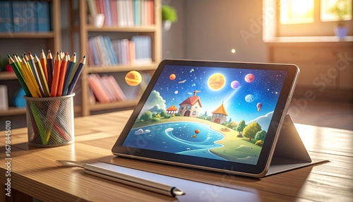 Parent And Child Engaging With Colorful Fantasy Educational App On Tablet