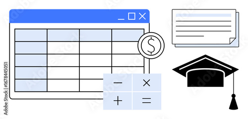 Spreadsheet interface with dollar sign, basic calculator, graduation cap, and diploma. Ideal for financial planning, student budgeting, cost analysis, education funding, learning calculation simple