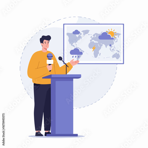Male Meteorologist Delivering Global Weather Forecast Presentation