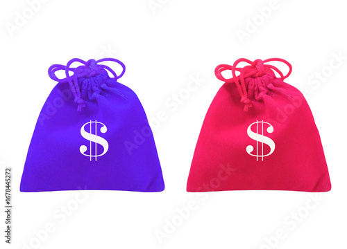 view of red and blue money bag with dolla icon isolated white background wealth money for graphic design business concept. illustration stock photo, currency economic