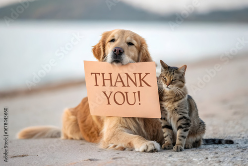 Golden retriever and cat holding a thank you sign outdoor on transparent background