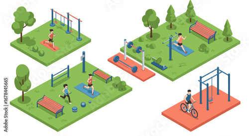 Outdoor fitness park with people exercising in isometric style
