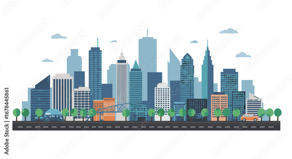 Fototapeta premium Modern city skyline with skyscrapers and trees in flat design
