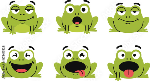 Cute cartoon frog expressions happy sad surprised excited angry confused curious vector