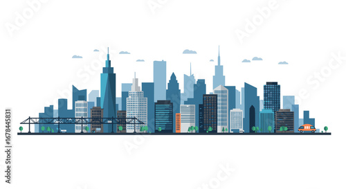 Modern urban cityscape with skyscrapers and vehicles on a clear day