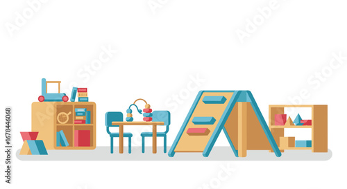 Colorful children's playroom with toys and furniture on white background