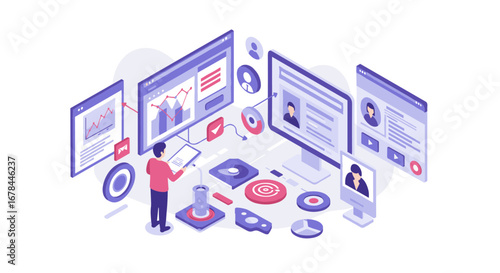 Modern business analytics with isometric digital dashboard for data insights