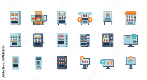 Flat design vending machines collection with snacks and beverages