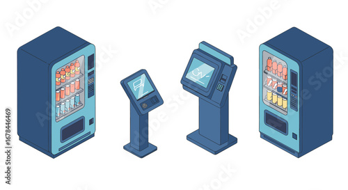 Isometric vending machines and digital kiosks in modern design