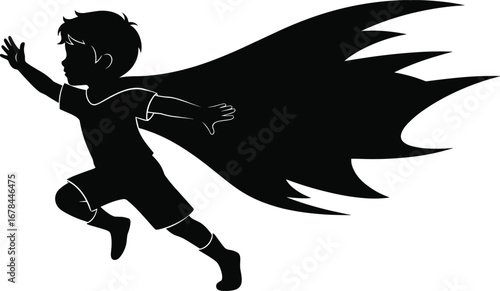 Superhero kids silhouette, children in capes, triumphant pose vector, black outline figures, playful hero concept, side view illustration, empowerment theme art