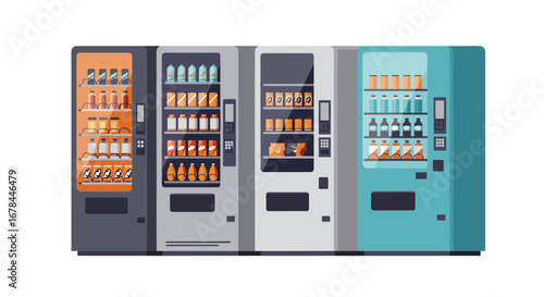 Row of modern vending machines with snacks and drinks in flat design on white background