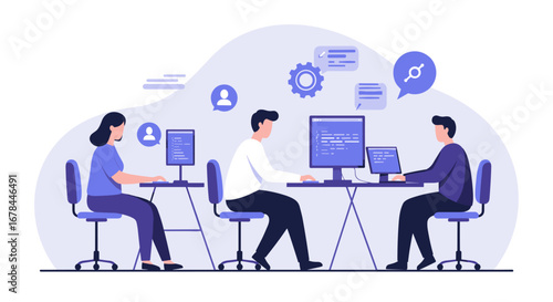 Collaborative office workspace with team using computers in modern flat design