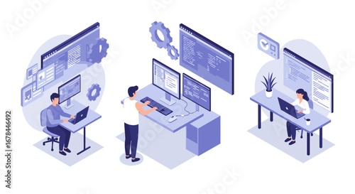 Modern isometric workspace with developers and programmers in action