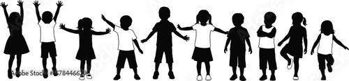 Children silhouette vector, playful kids poses, black outline figures, expressive child movement, dynamic posture illustration, side view lineup,
