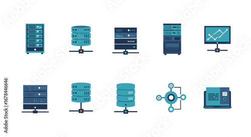 Technology icons set: data servers, networks, and it infrastructure in flat style
