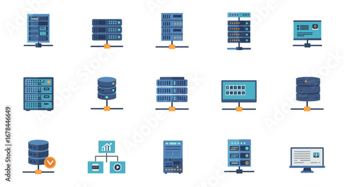 Server and network equipment set: flat icons for technology and data management