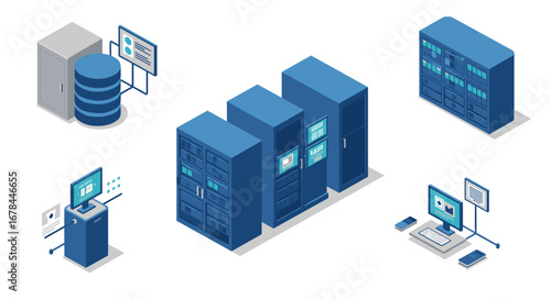 Isometric server room elements with data center technology and network equipment