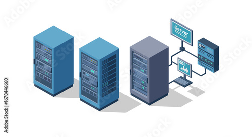 Isometric data center servers with network connections and computers