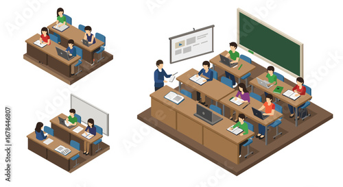 Isometric classroom scene with students and teacher in modern learning environment