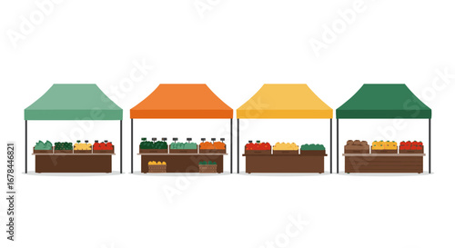 Colorful market stalls with fresh produce in minimalist style