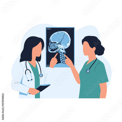 Medical Professionals Analyzing Skull X-Ray in Clinic with Blue Accents and Neutral Background Diagnostic Illustration