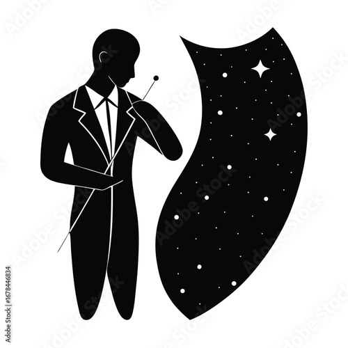 Silhouette vector conductor with baton facing a swirling galaxy