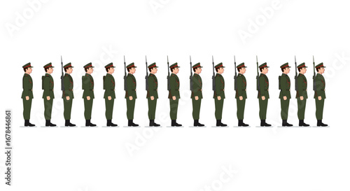 Uniformed soldiers in line formation on white background