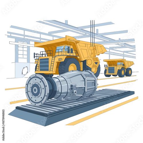 Large Yellow Mining Truck and Mechanical Assembly Pixel Art Illustration Heavy Industrial Equipment and Massive Machines in a Manufacturing Factory