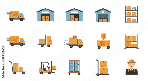 Warehouse and delivery logistics icons set in flat design
