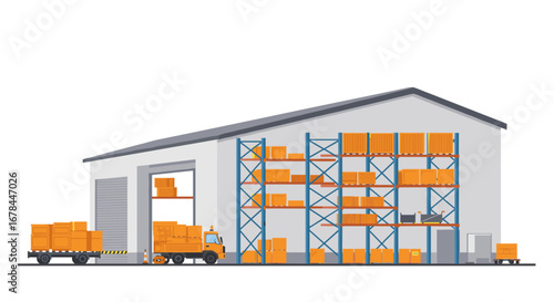 Modern warehouse with loading dock and forklift in action