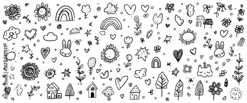 Black and white doodle art featuring various whimsical shapes, including hearts, suns, flowers, clouds, trees, and animals, creating a childlike and playful aesthetic
