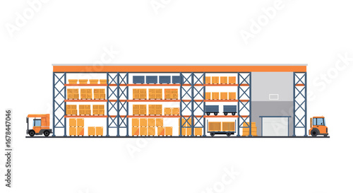 Modern warehouse with forklifts and stacked goods in flat design
