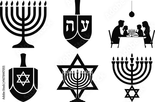 Hanukkah Menorah Candle Silhouette Vector Design, Jewish Hanukkah Festival Silhouette Illustration, Hanukkah Dreidel and Menorah Silhouette Art