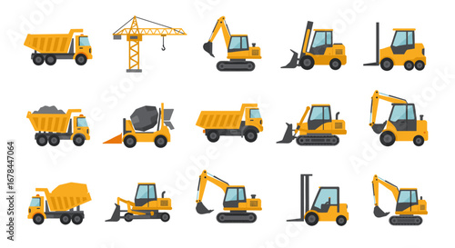 Collection of flat construction equipment icons in yellow and black