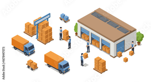 Modern isometric warehouse logistics scene with trucks and workers