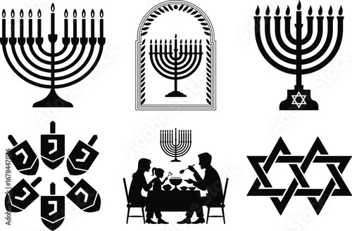 Hanukkah Menorah Candle Silhouette Vector Design, Jewish Hanukkah Festival Silhouette Illustration, Hanukkah Dreidel and Menorah Silhouette Art