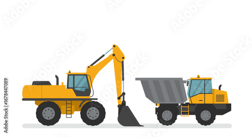 Heavy machinery: excavator and dump truck in flat design for construction projects