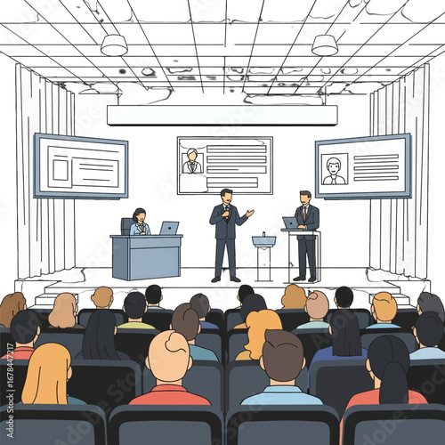 Audience Watching Speakers Presenting on Stage at Business Conference in Large Meeting Room with Whiteboard Projectors