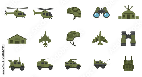 Military equipment icons set: helicopter, armored vehicle, binoculars, and jet