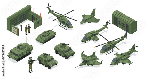 Isometric military vehicle set: tanks, helicopters, and aircraft in army green