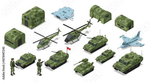 Isometric military vehicles set with tanks, helicopter, and soldiers on white background