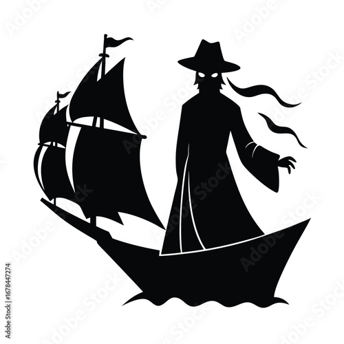 Silhouette vector silhouette of a mysterious figure in a hat on a sailing ship